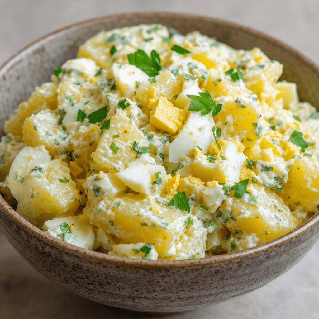 A rustic bowl holds chunky pieces of pale yellow potato mixed with chopped hard-boiled egg, flecks of green herbs, and a creamy white dressing, with a few egg pieces and herb leaves visible on top.