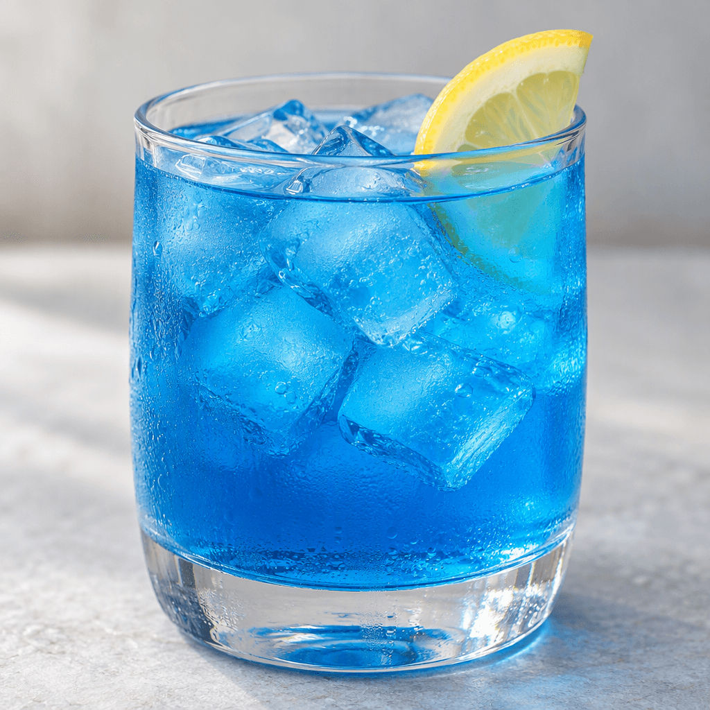 A vivid blue, translucent drink with a smooth, even appearance, served in a clear glass.