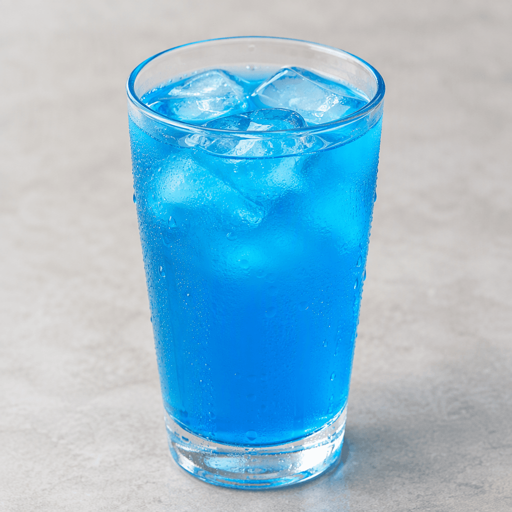 A vivid electric-blue sports drink with a clear, smooth, watery appearance, shown as a chilled liquid in a transparent glass with a few ice cubes and a faint sheen of condensation on the outside.