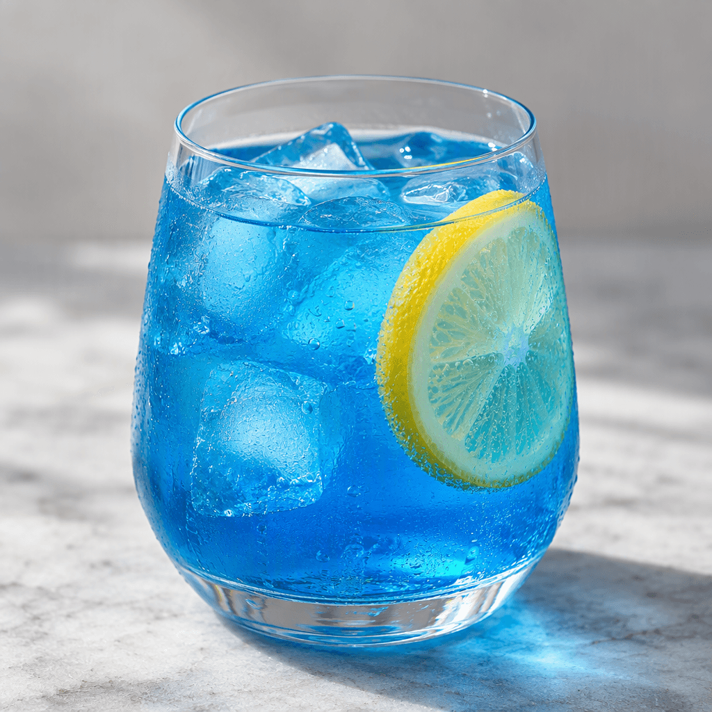 A vivid blue, translucent drink with a smooth, slightly glossy surface sits in a clear glass.