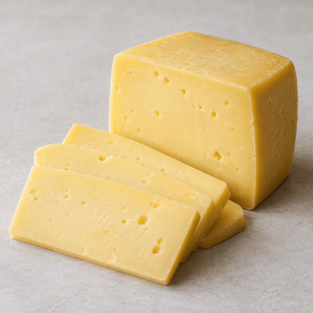 A pale golden-yellow cheese with a smooth, firm surface and a few small holes is cut into neat slices beside a compact block.