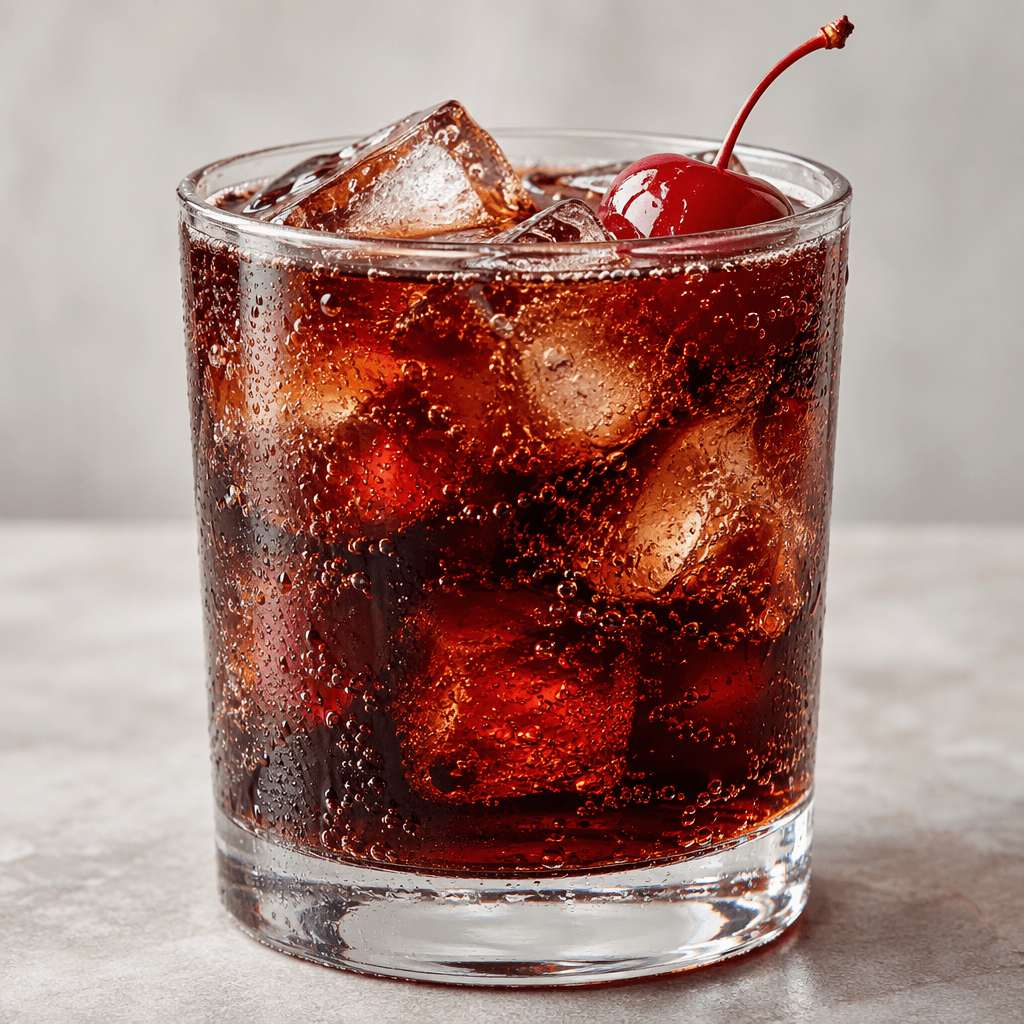 A clear glass holds dark reddish-brown cherry cola with visible bubbles, ice cubes, and a bright red cherry resting at the rim.