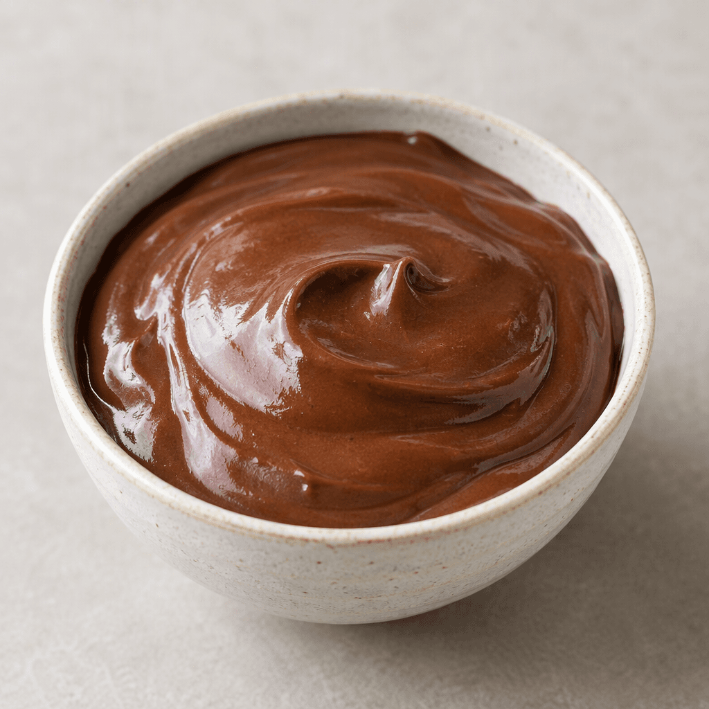 A smooth, thick chocolate-brown pudding with a glossy surface, served in a small bowl.