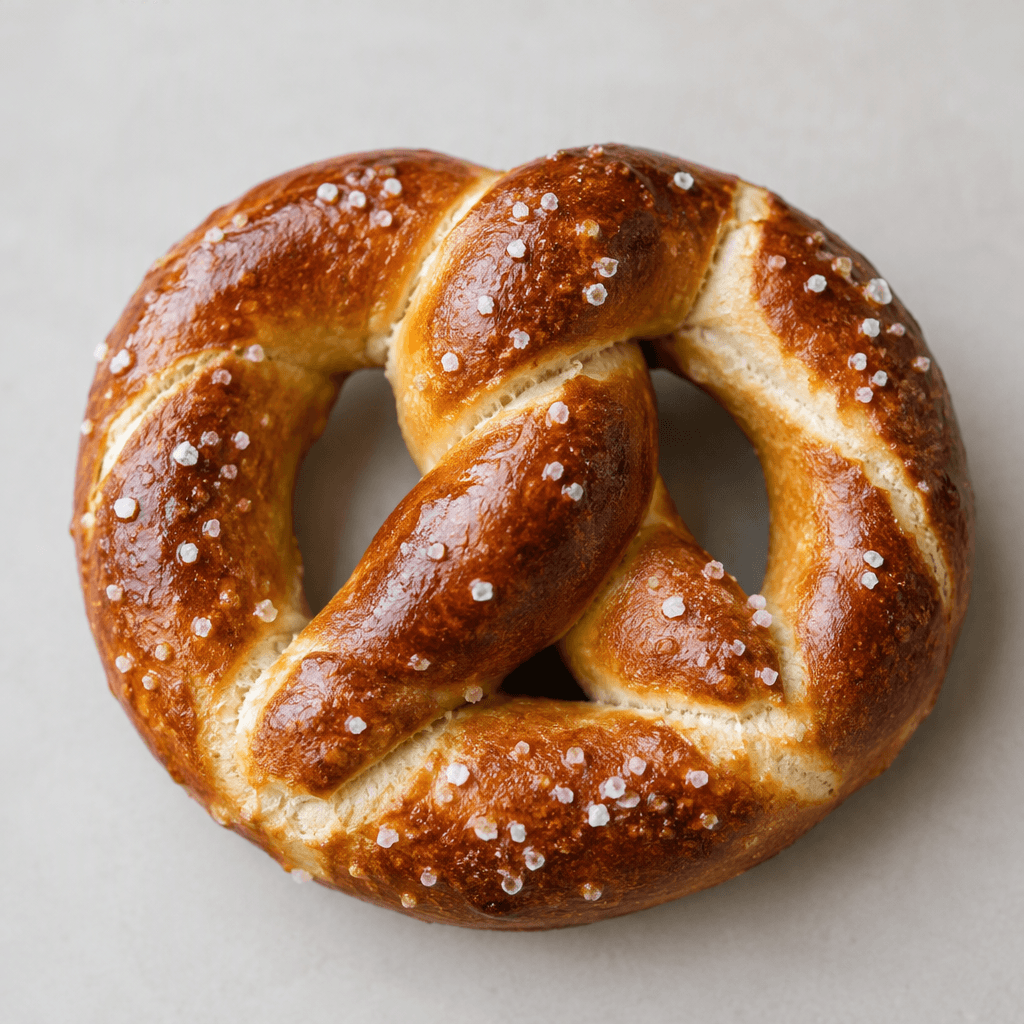 A single thick, symmetrical twist of baked dough with three looped arms, a deep golden-brown glossy crust, lighter cut edges, and scattered coarse white salt crystals on top, resting on a plain surface.