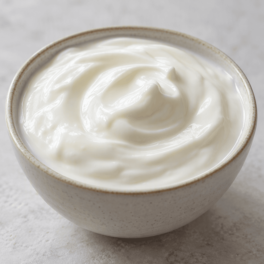 Smooth, thick, glossy white yogurt sits in a small bowl with a softly rippled surface.