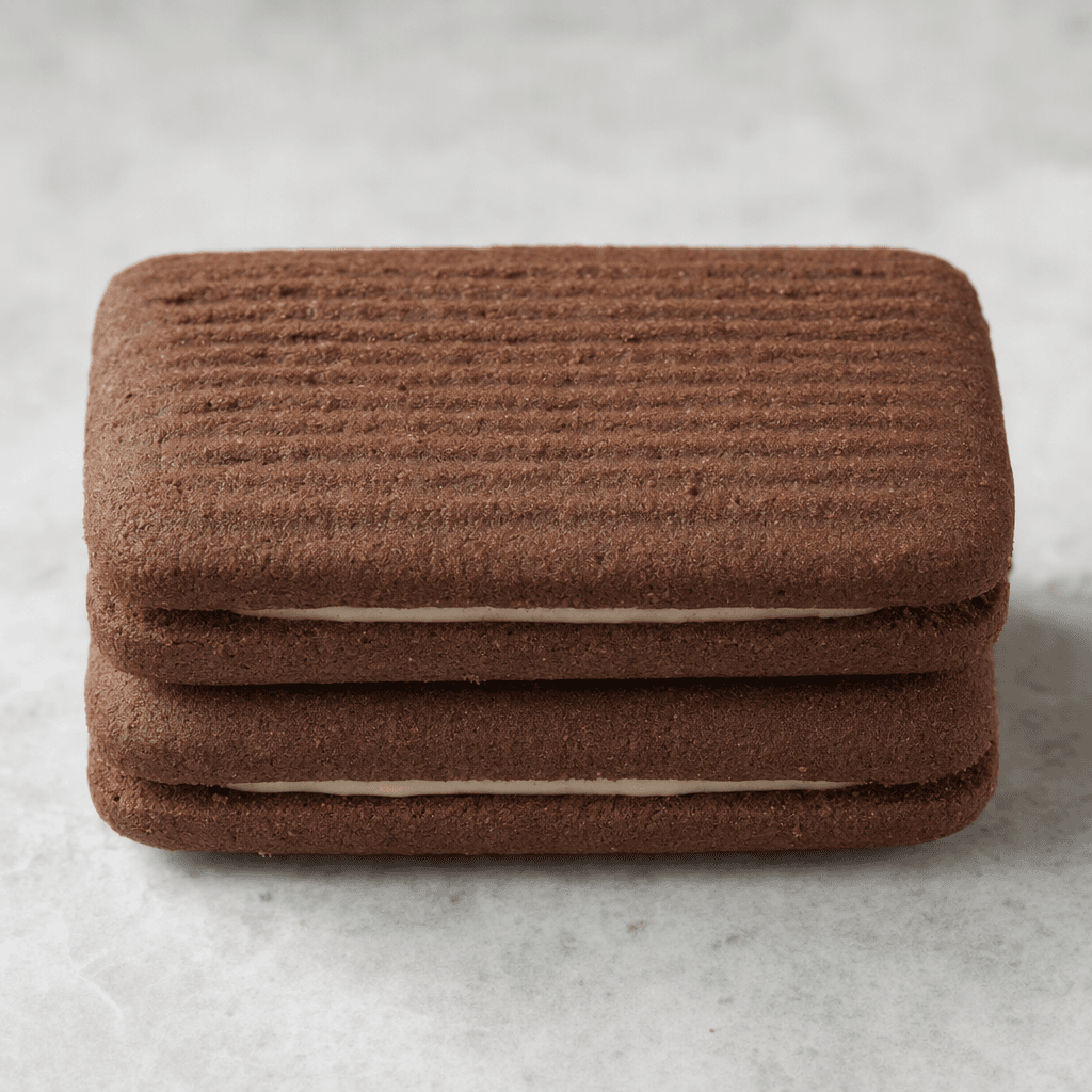 A pair of dark cocoa-brown, lightly ridged rectangular biscuits with rounded corners sandwiching a thin layer of pale cream.