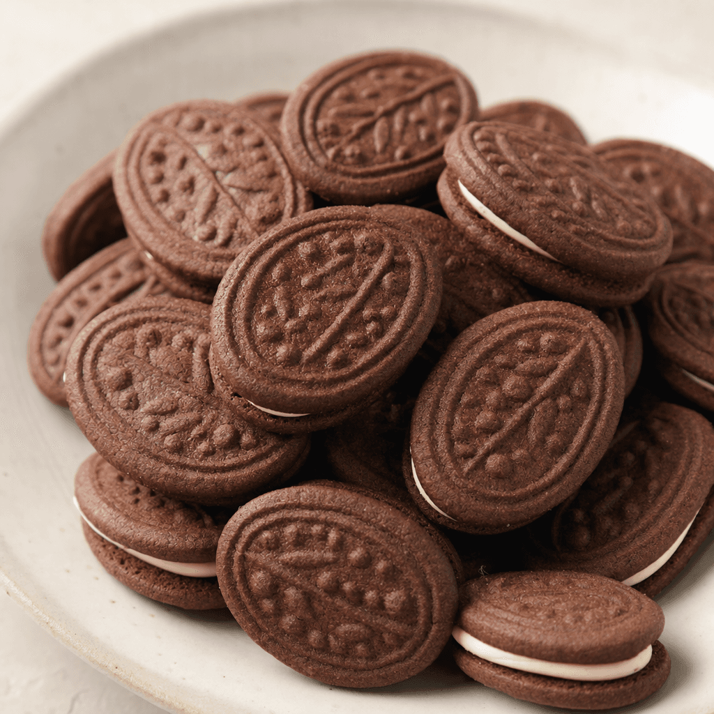 Small oval sandwich biscuits with two dark brown, lightly embossed cocoa layers and a thin pale cream filling visible between them.