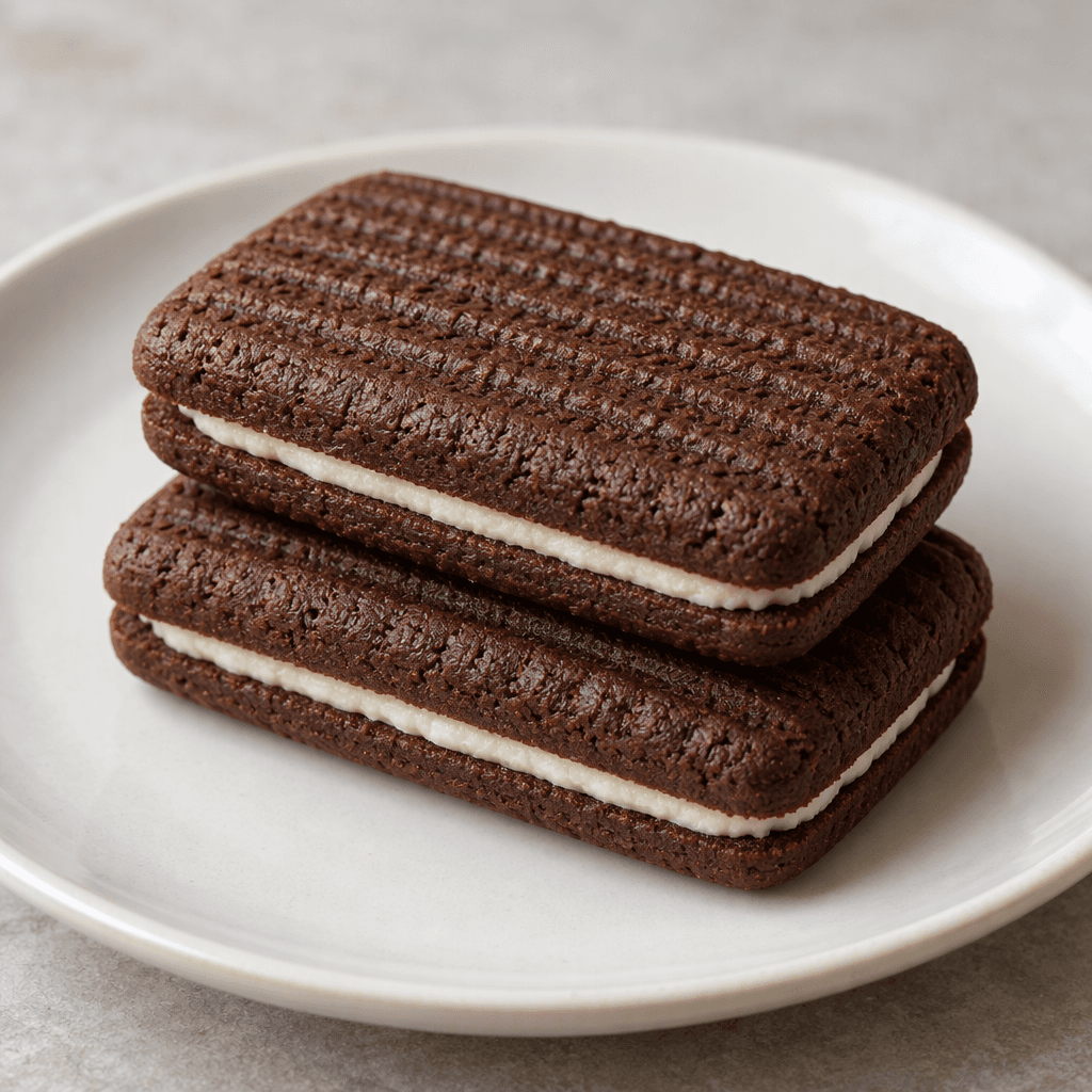 Two dark cocoa-brown rectangular biscuits with softly rounded corners and a lightly ridged surface sandwich a thin pale cream layer, shown stacked on a plain plate.