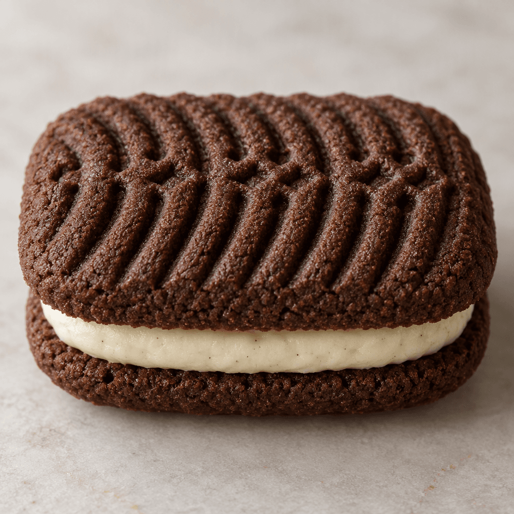 A short, rounded rectangular cocoa biscuit sandwich with a ridged, patterned dark-brown top and a visible pale cream filling between the biscuit layers.
