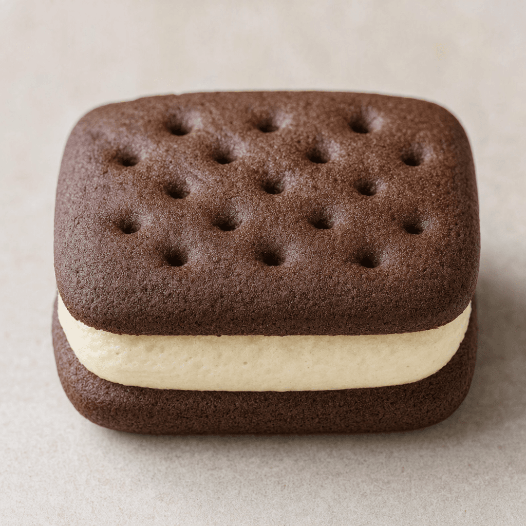 A small sandwich biscuit with two dark cocoa-brown, rounded rectangular biscuits enclosing a thick pale cream filling that shows along the edges, their tops lightly patterned and dimpled.
