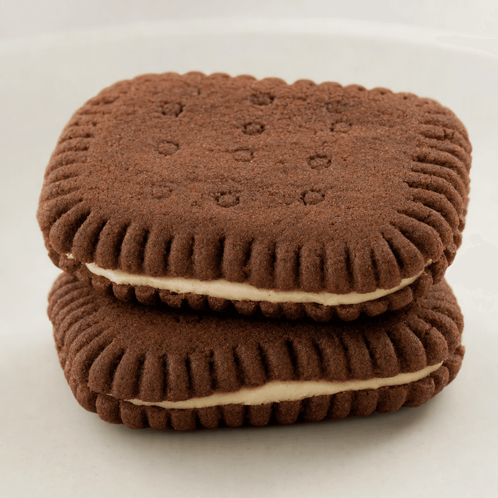 Two small, rounded rectangular cocoa-brown biscuits with lightly ridged edges and subtly patterned tops sandwich a thin layer of pale cream.