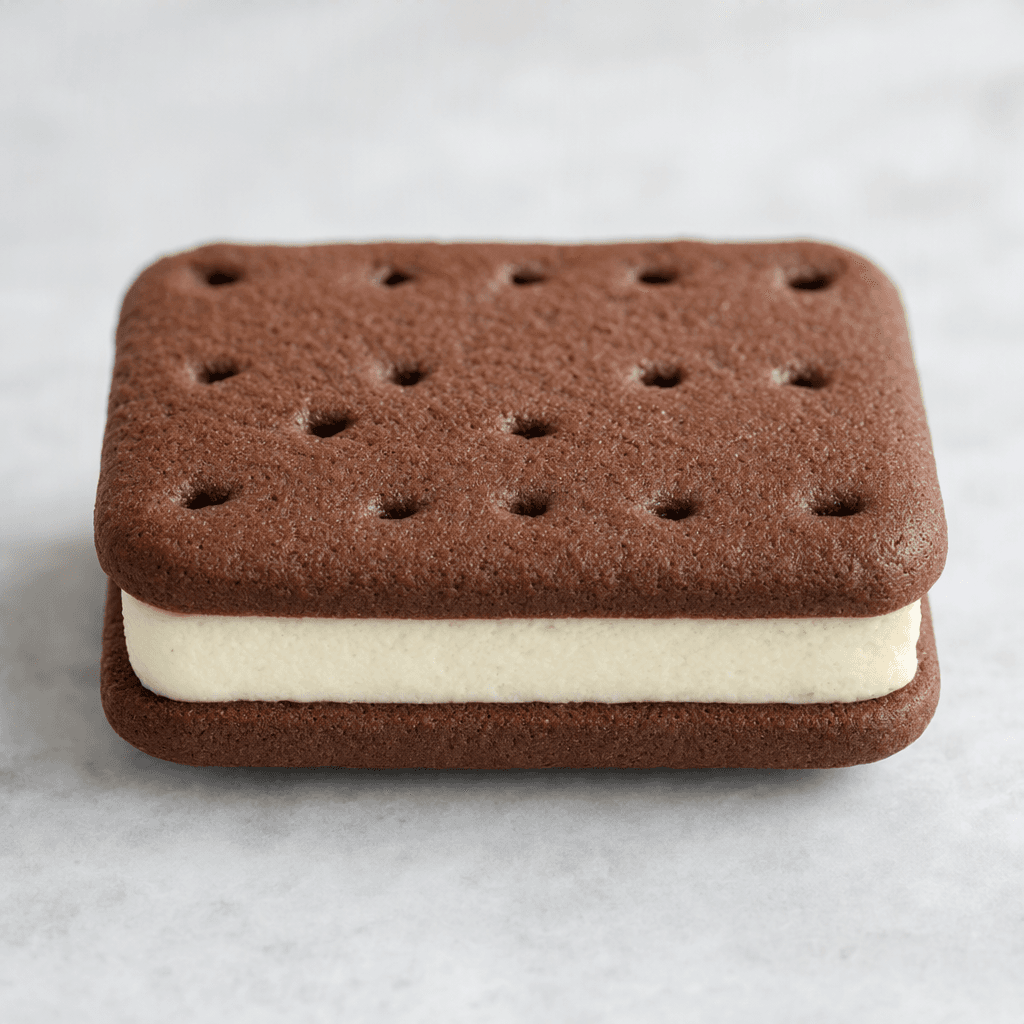 A rectangular, dark cocoa-brown biscuit with softly rounded corners and a lightly patterned surface is shown in two layers, with a thick pale cream filling visible between them.