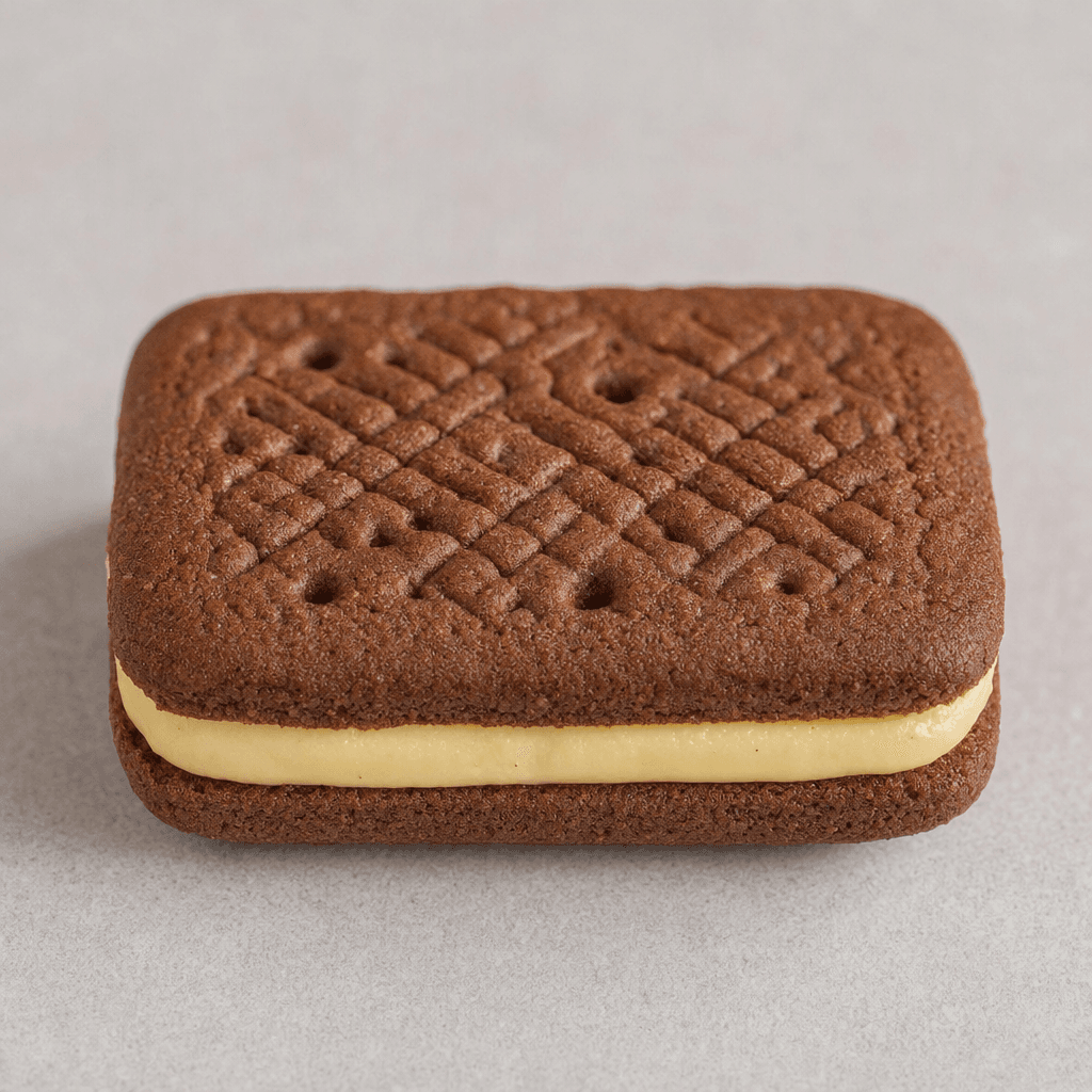 A dark cocoa-brown rectangular sandwich biscuit with gently rounded corners, a lightly patterned top, and a pale yellow banana-cream layer visible between the two crisp biscuits.