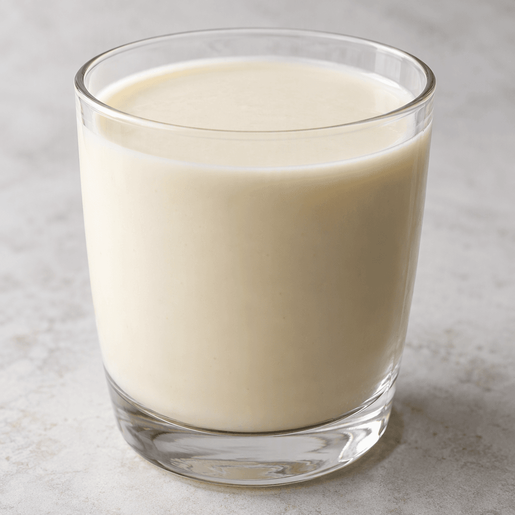 An opaque, pale cream-colored drink with a smooth, uniform liquid surface sits in a clear glass.