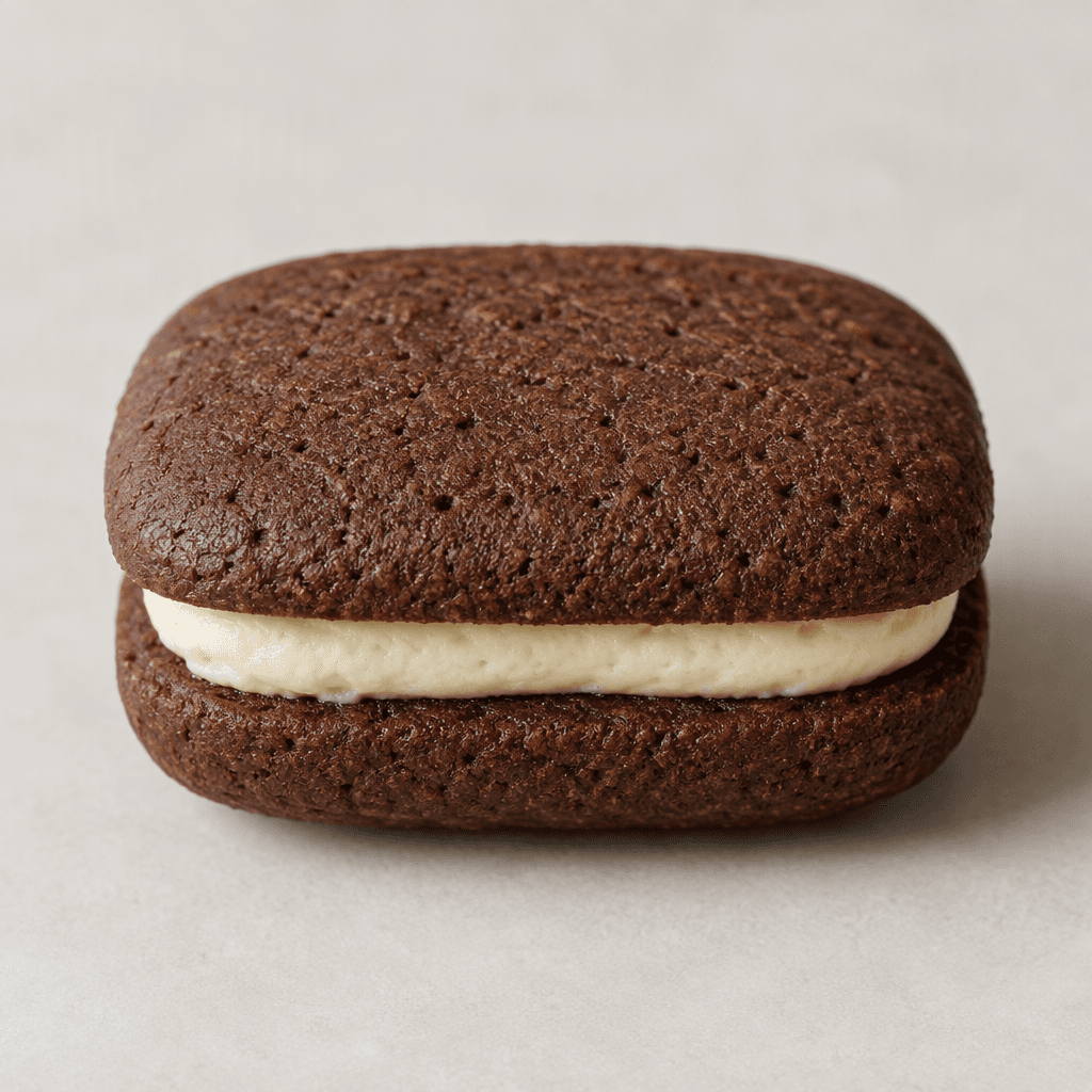 A dark cocoa-brown, rounded rectangular sandwich biscuit with a pale cream filling visible between its two lightly textured halves.
