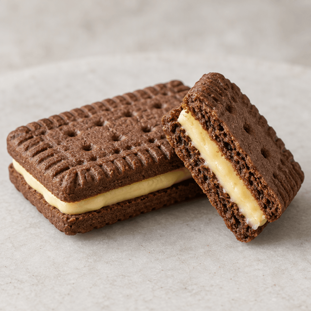 A cocoa-brown rectangular biscuit with a lightly patterned, crisp-looking surface and a pale banana-colored filling visible between the layers, shown whole beside a cut piece.