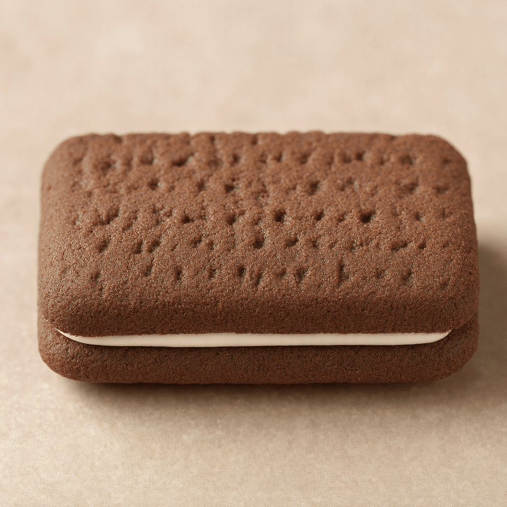 A dark cocoa-brown rectangular sandwich biscuit with a lightly patterned top and a thin pale cream layer visible between the two crisp-looking halves.