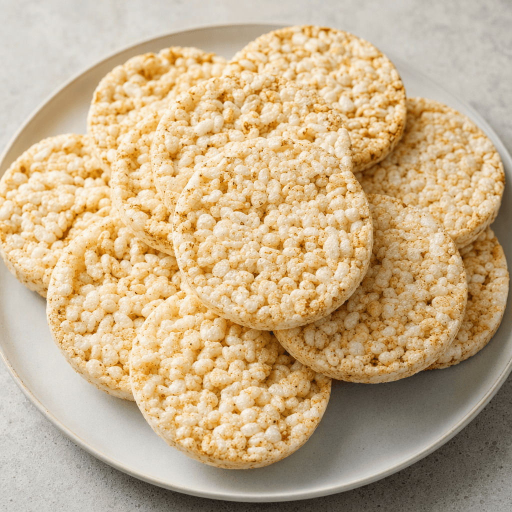 Several round, pale beige puffed-rice cakes with tightly packed grains and a rough, porous surface are arranged on a plate.