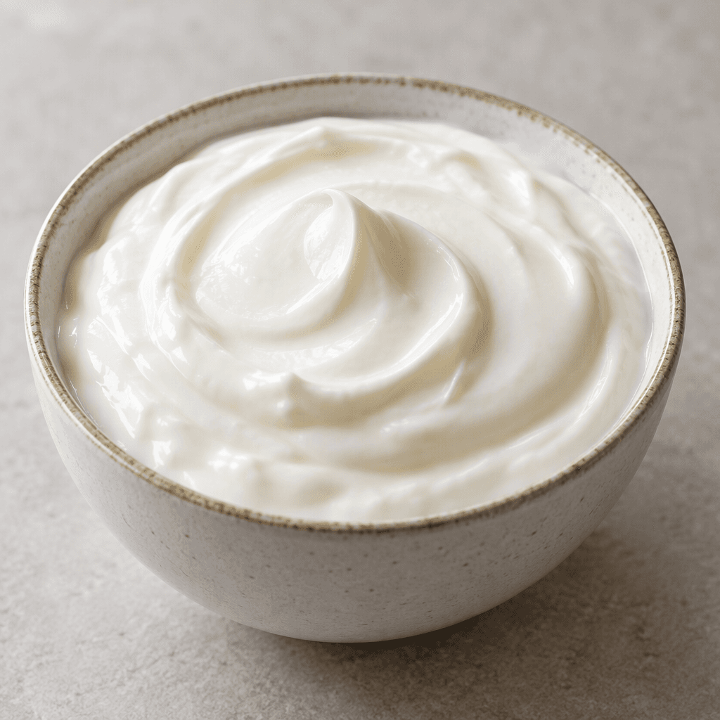 Thick, smooth white yogurt sits in a small serving bowl, with a softly glossy surface and no visible toppings.