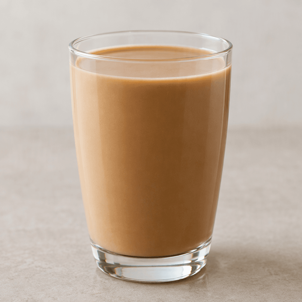 An opaque, smooth, light-brown drink fills a clear glass, with an even surface and no visible garnish.