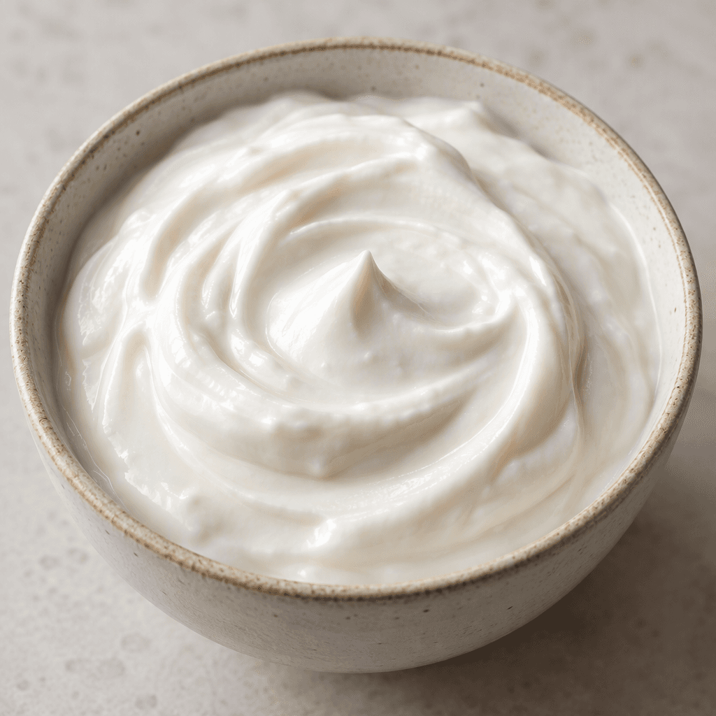 Thick, creamy off-white coconut yogurt sits in a bowl, its smooth surface forming soft swirls.