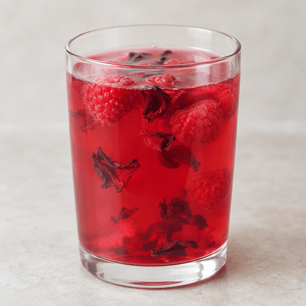 A translucent raspberry-red beverage with a smooth, lightly cloudy liquid appearance, served in a clear glass with a few raspberries and deep red hibiscus petals visible inside.