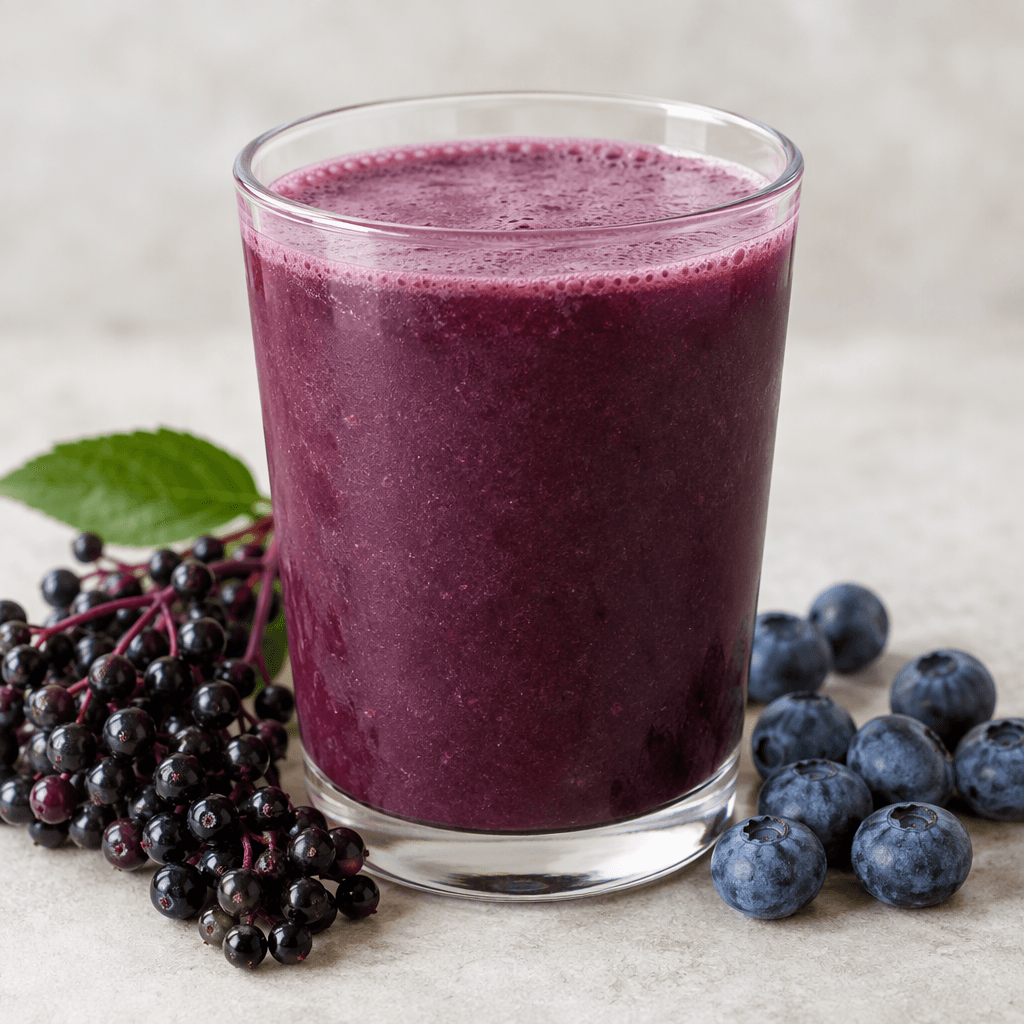A deep purple, slightly opaque drink with a smooth, lightly frothy surface, served in a clear glass with a few dark elderberries and blueberries nearby.