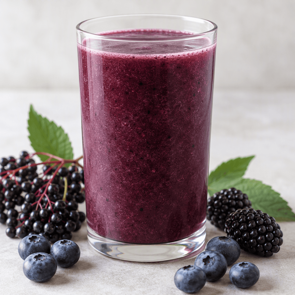 A deep purple, slightly cloudy berry drink with a smooth, pourable texture is served in a clear glass.