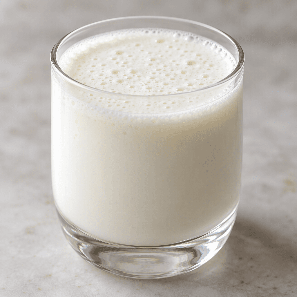 A small clear glass holds an opaque ivory-white kefir drink with a smooth, slightly foamy surface dotted with tiny bubbles.