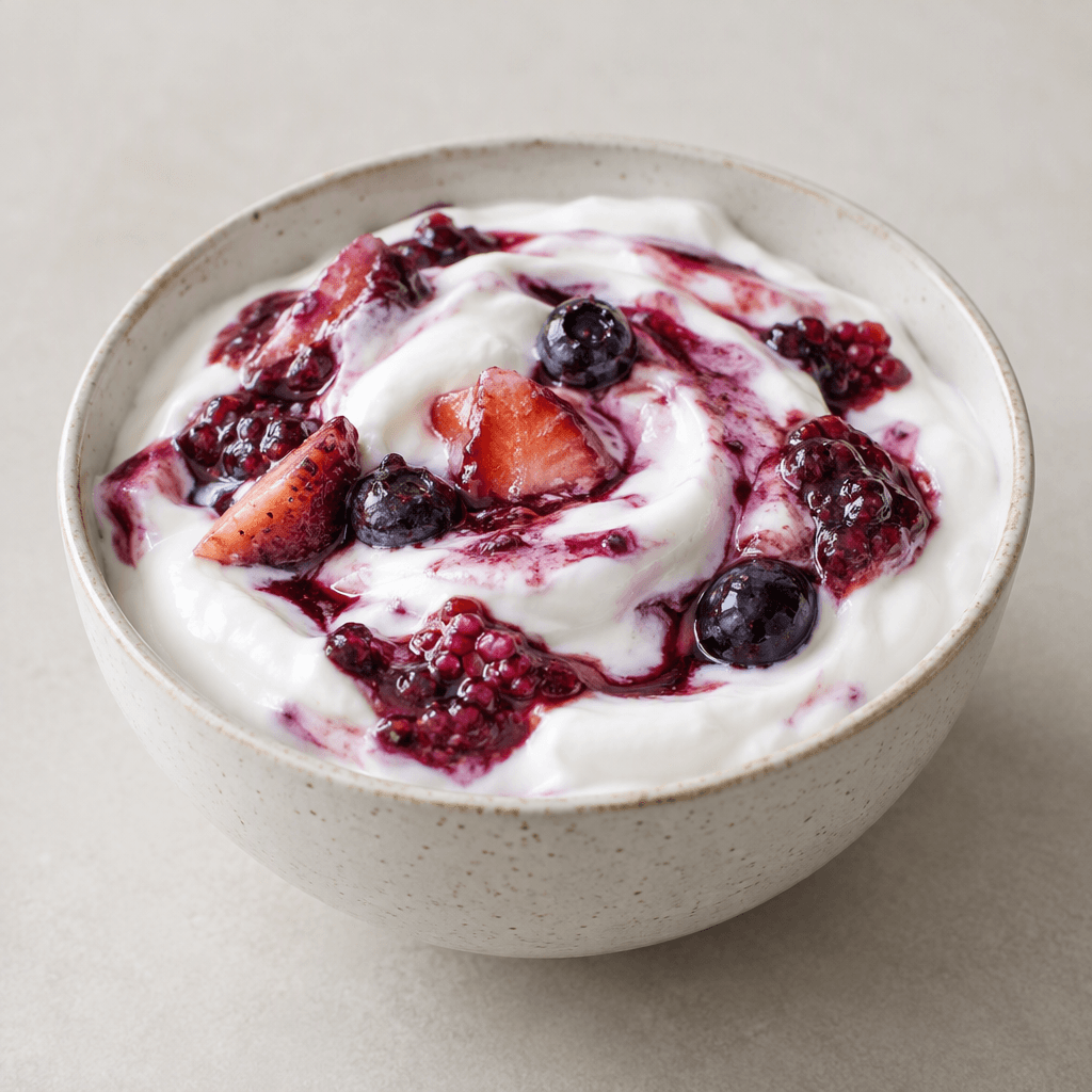 Thick, glossy white yogurt is served in a small bowl, streaked with purple-red fruit purée and dotted with soft pieces of fruit.