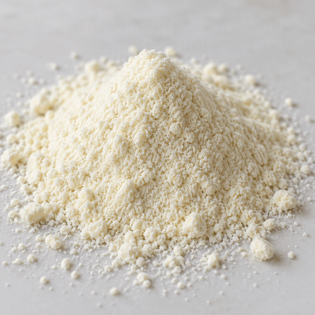 A small mound of fine, pale cream-colored probiotic powder with a dry, lightly granular texture, loosely scattered on a clean surface.