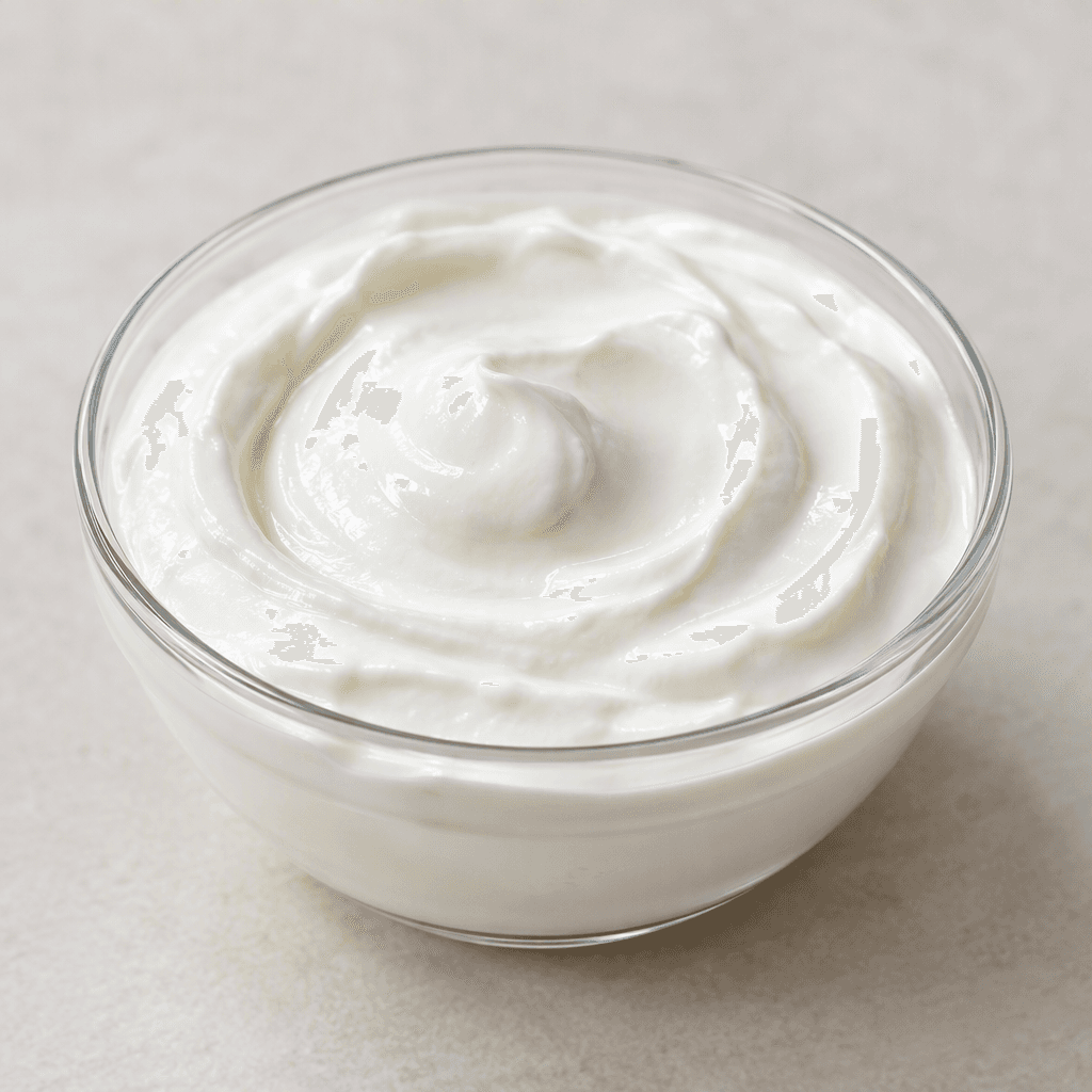 Thick, smooth white yogurt with a creamy, spoonable texture, served in a small clear glass bowl with a few glossy white swirls visible on the surface.