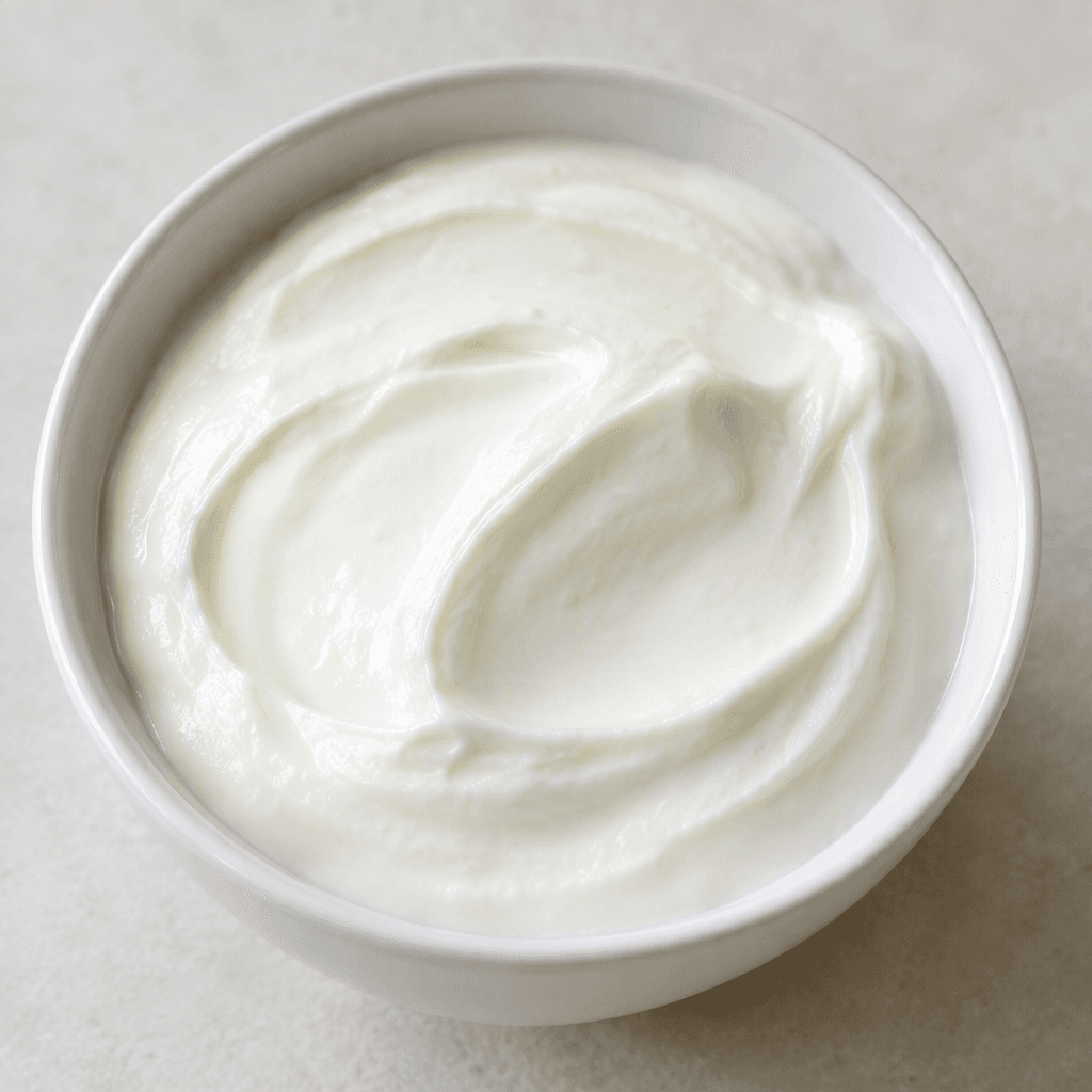 A bowl of plain probiotic yogurt with a smooth, thick, glossy white surface, soft spoon marks, and gently rounded edges where it meets the bowl.