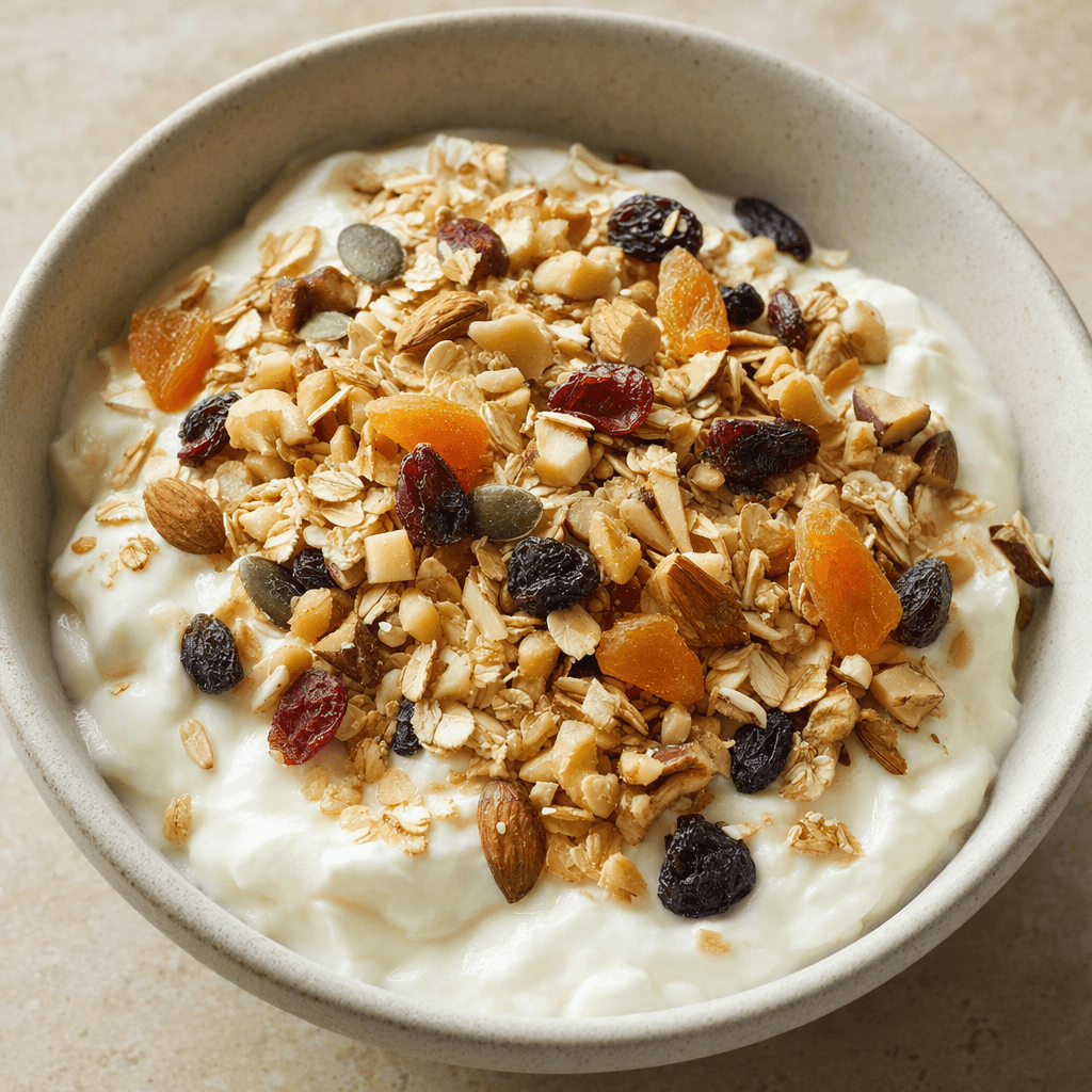 Thick white yogurt is served in a bowl, topped with a visible mix of rolled oats, grains, small pieces of dried fruit, and nuts.