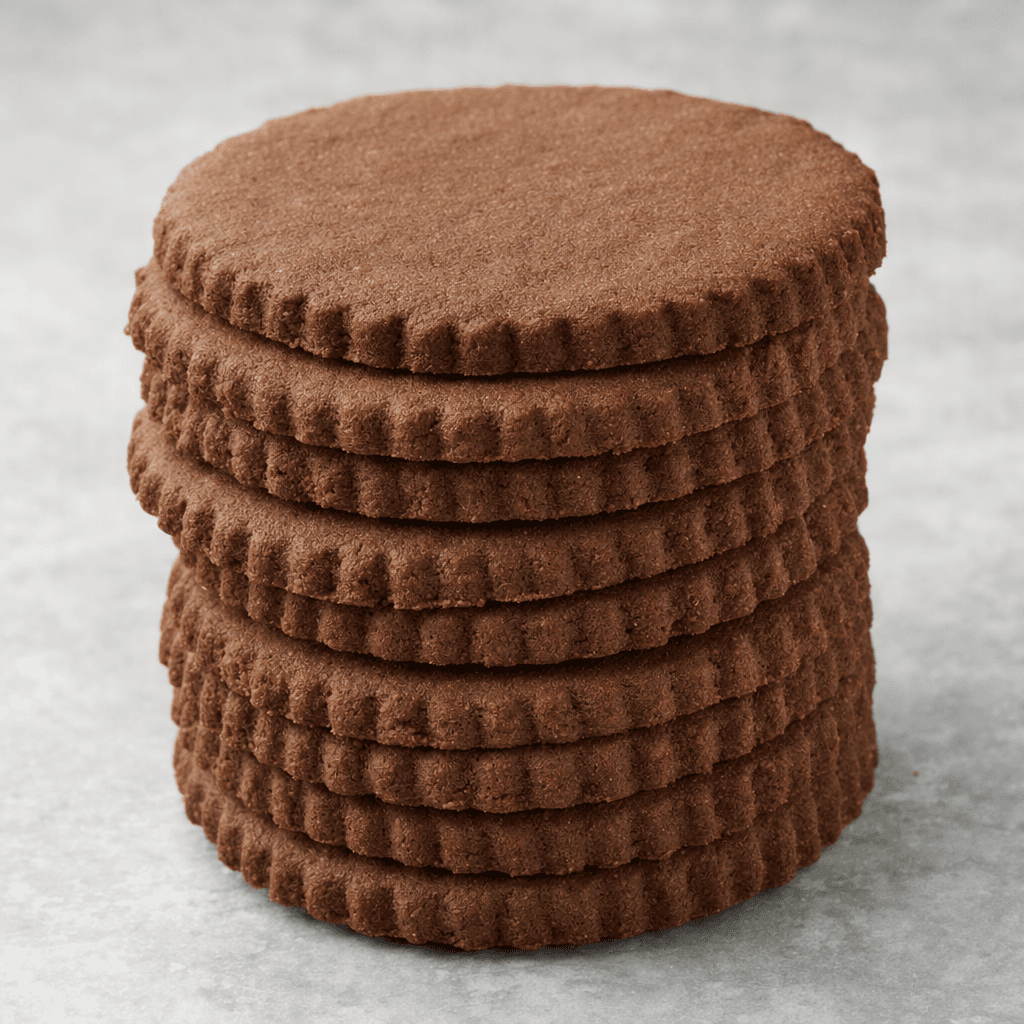 Small, flat, dark-brown cocoa biscuits with lightly ridged edges and a fine, dry-looking surface, arranged in a neat stack.