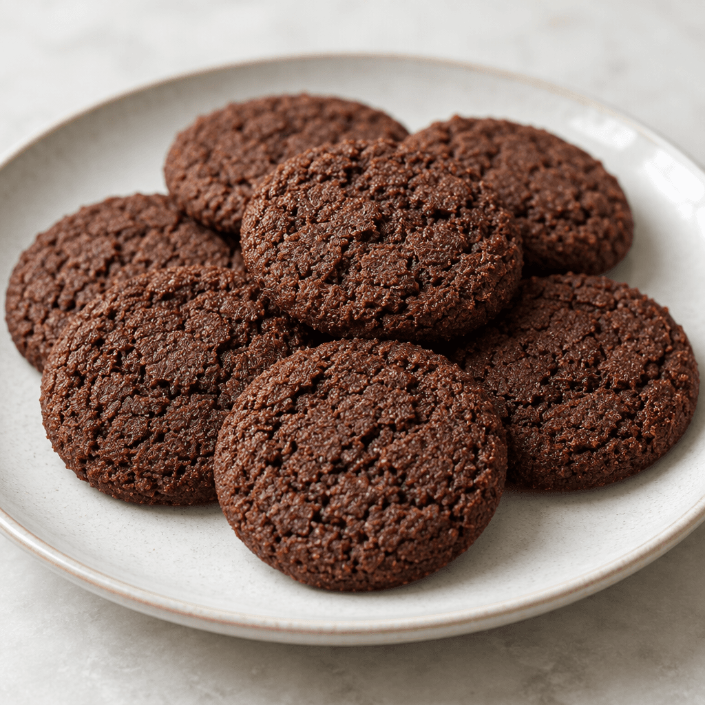 Koyu kahverengi, küçük ve yassı kakao kurabiyeleri, hafif pütürlü ve ufalanan yüzeyleriyle bir tabakta sıralanmış.