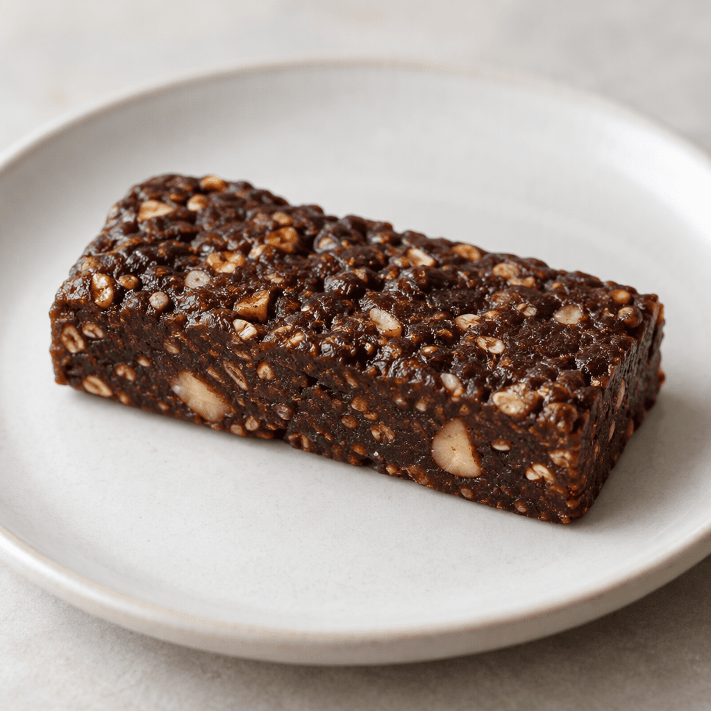 A compact rectangular dark-brown bar with a slightly uneven, dense surface dotted with small lighter-colored pieces, served on a plain plate.