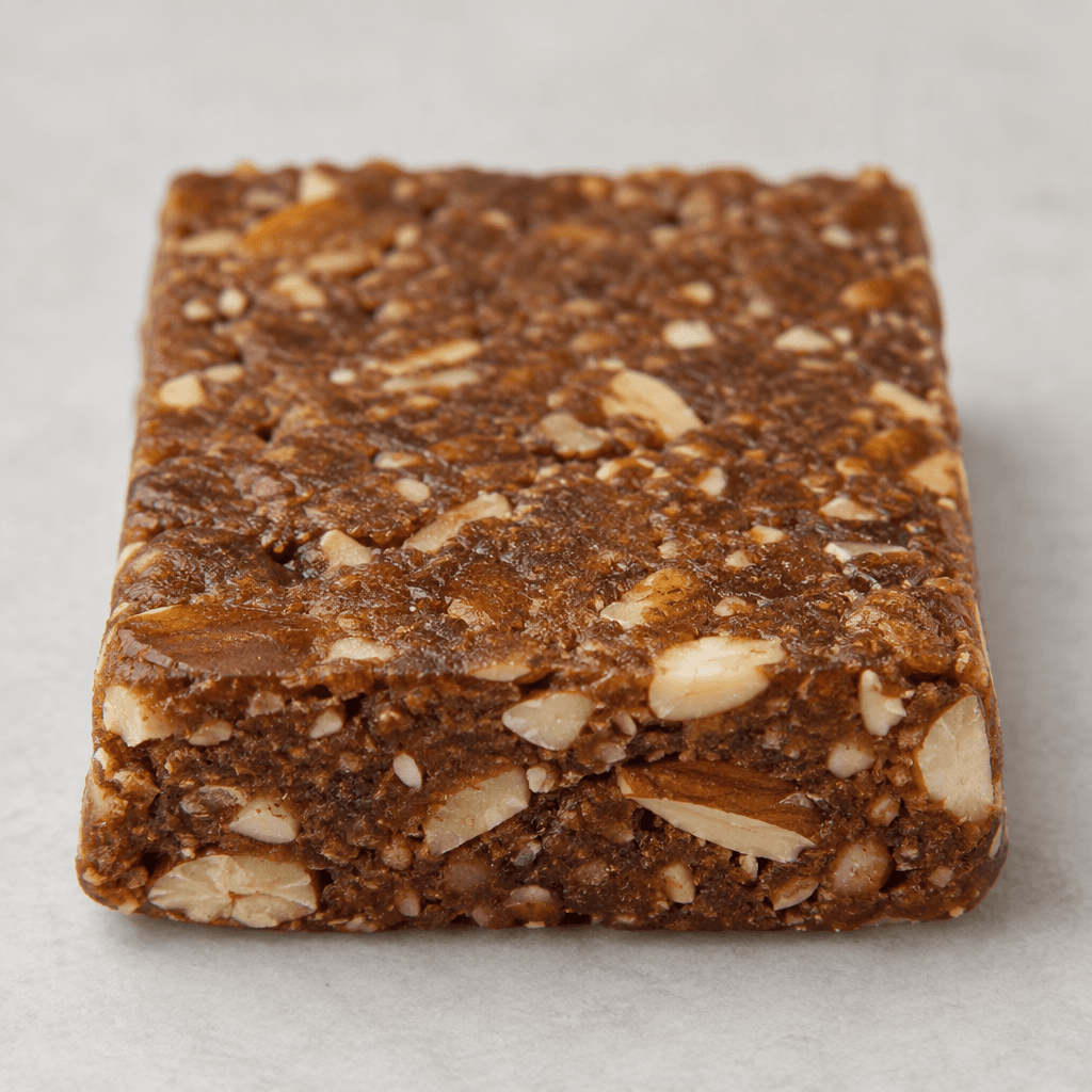 A compact rectangular protein bar with a slightly uneven brown surface, visible almond pieces embedded throughout, and a firm, dense texture shown by its clean cut edges.