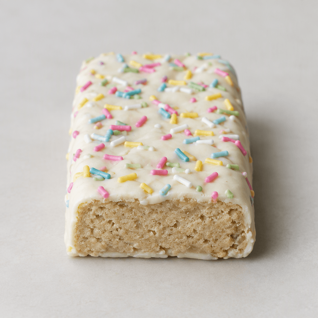 A single rectangular protein bar with rounded corners, a pale beige, dense-looking center, a thin white coating, and scattered pastel-colored sprinkles across the top, resting on a plain surface.