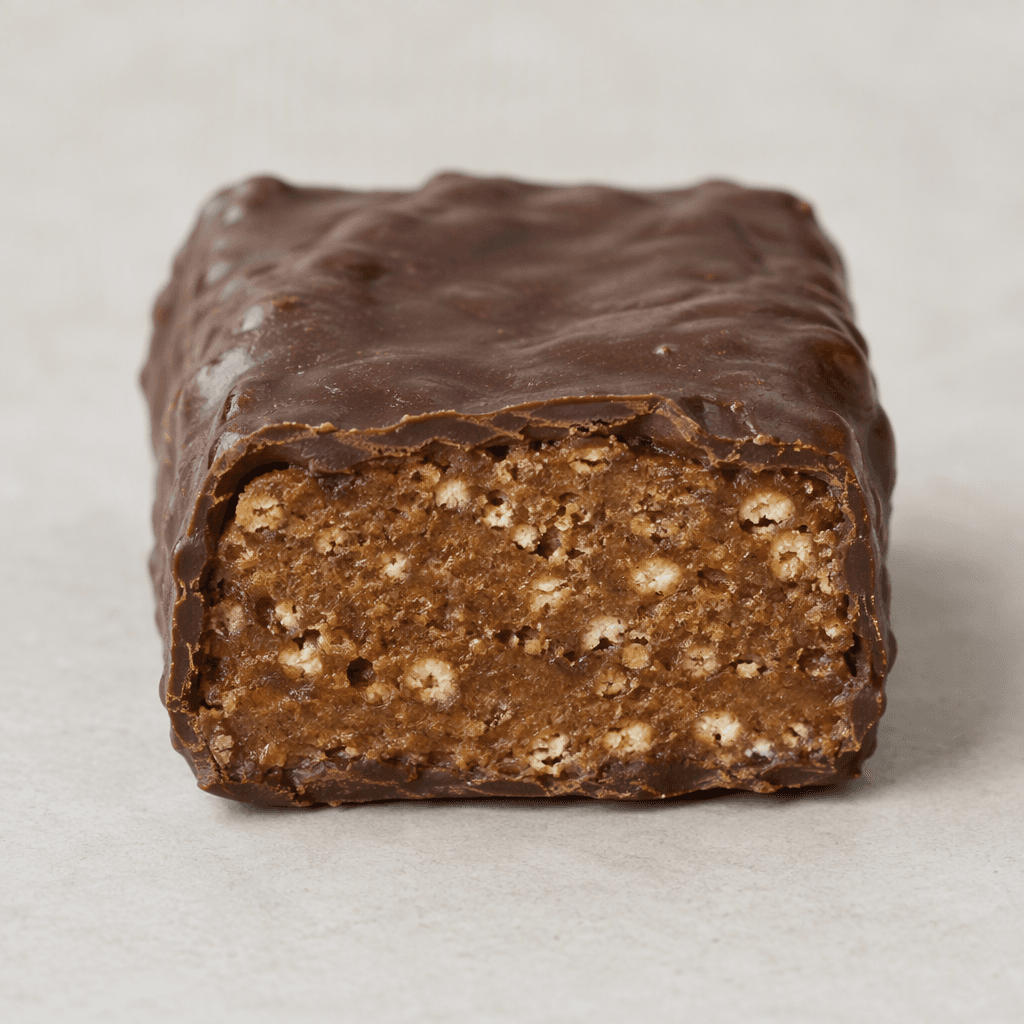 A compact rectangular bar with a dark chocolate-brown coating, slightly uneven edges, and a dense medium-brown interior visible where it is cut, with small lighter crisp pieces scattered throughout.