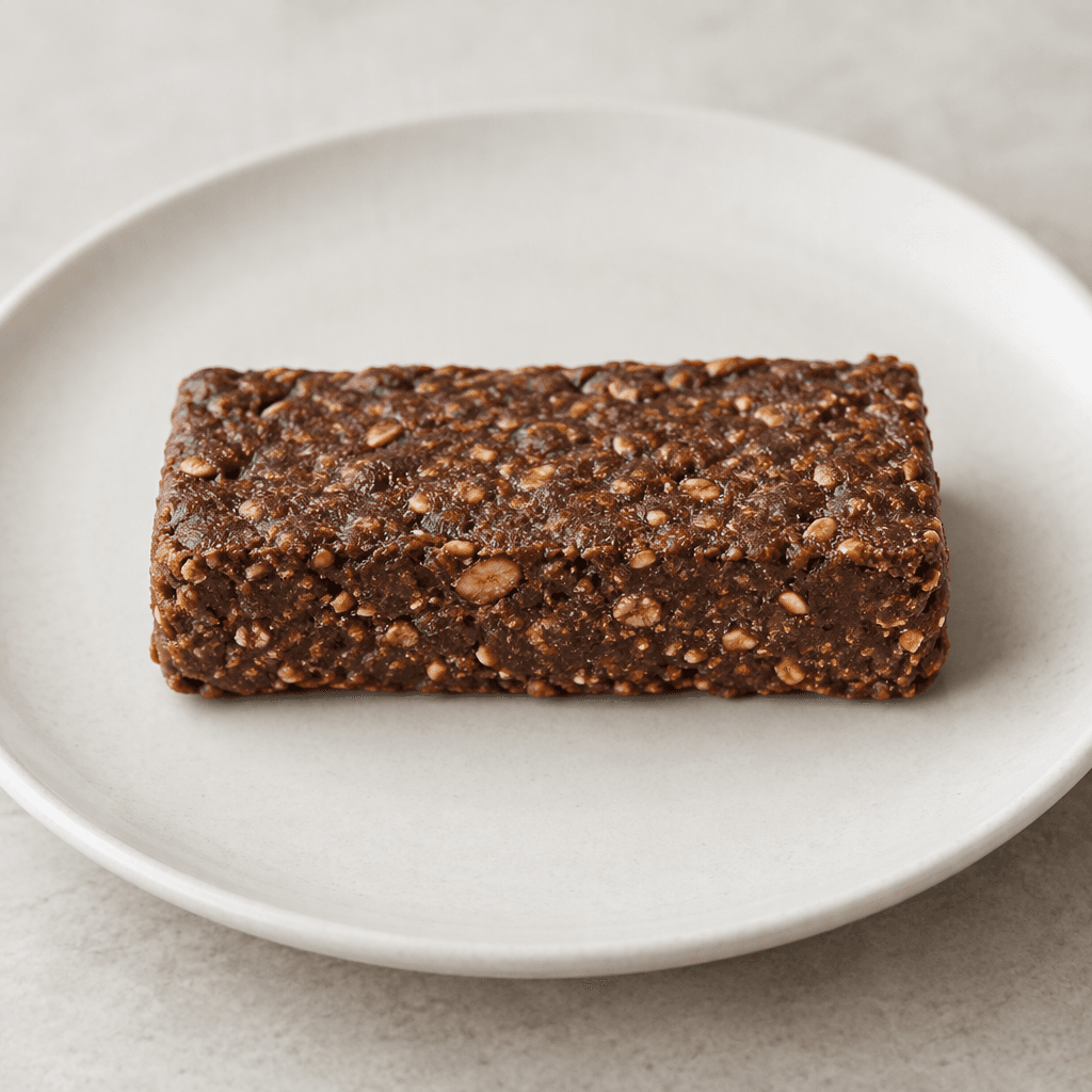 A compact rectangular chocolate-brown protein bar with a dense, slightly rough surface and small visible bits, served on a plain plate.