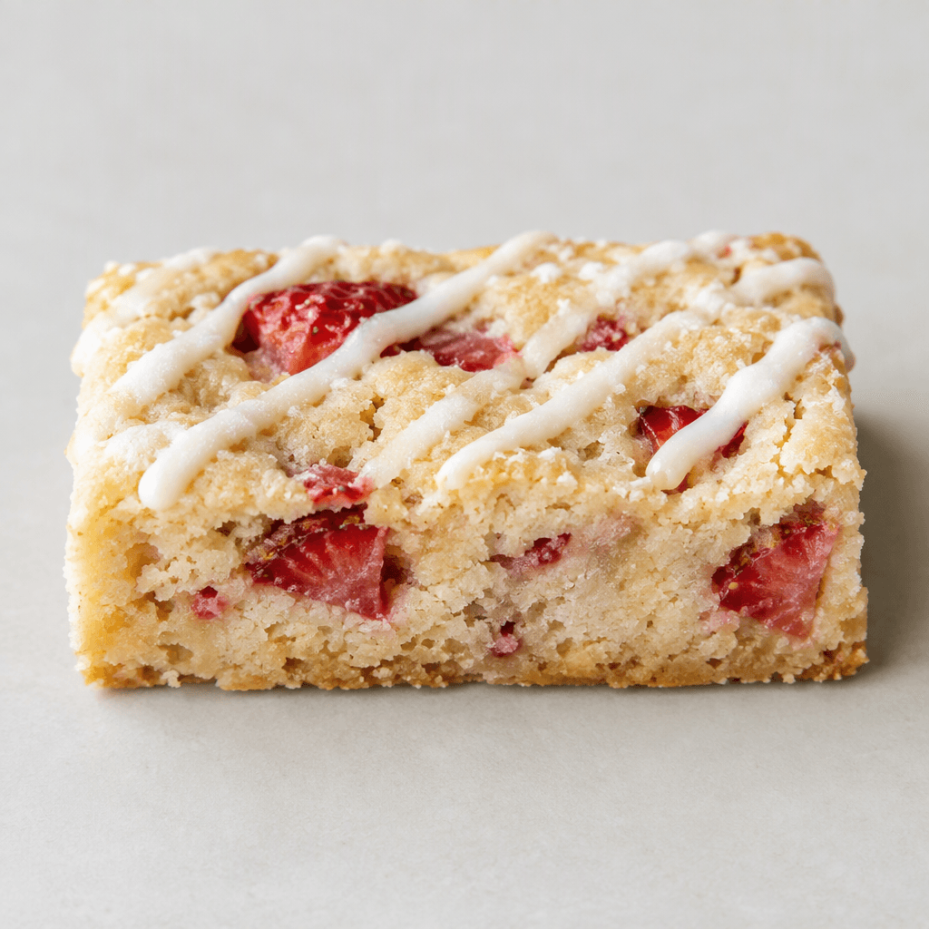 A compact rectangular bar with a pale cream-colored, slightly crumbly surface, visible red strawberry pieces, and thin white icing drizzled across the top, resting on a plain surface.