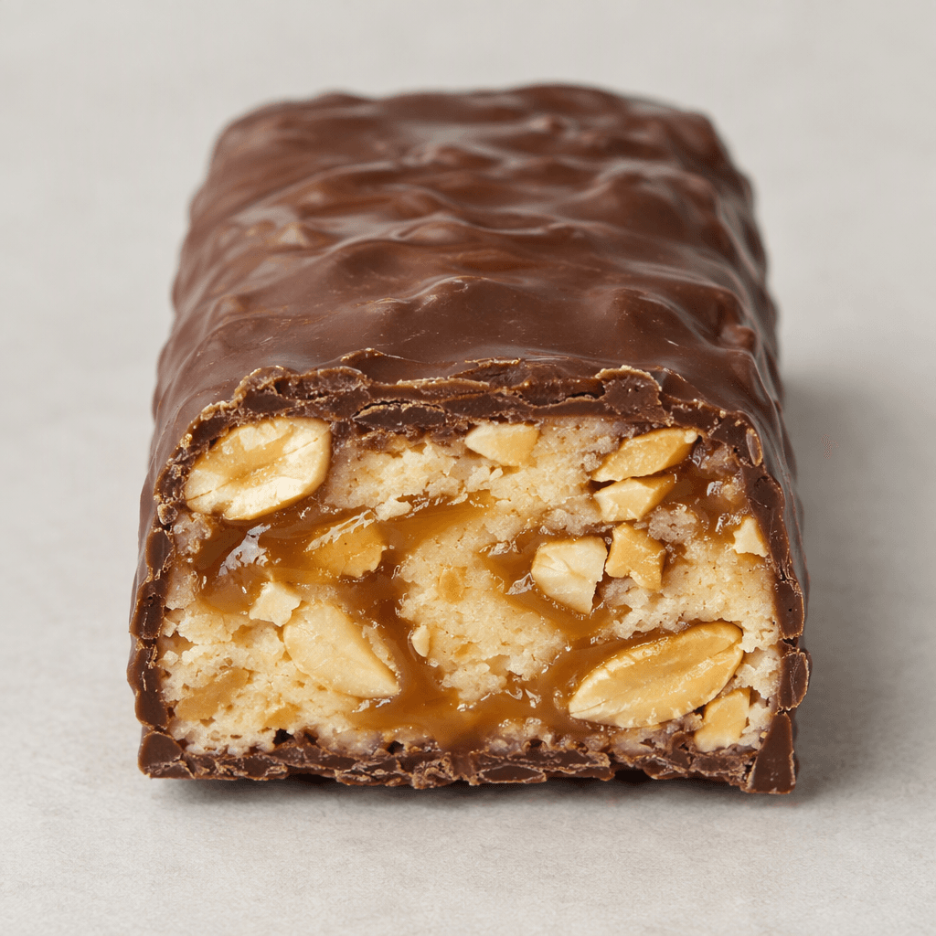 A thick, rectangular chocolate-coated bar with a cut end showing a pale, dense center studded with peanuts and streaked with caramel.