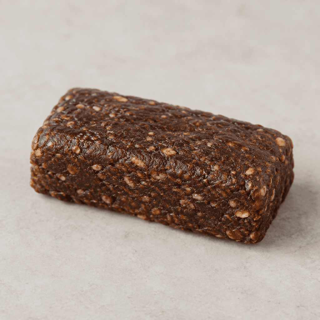 A compact rectangular protein bar with a dark cocoa-brown surface, slightly rounded uneven edges, and a dense, chewy-looking texture, served whole on a plain surface.