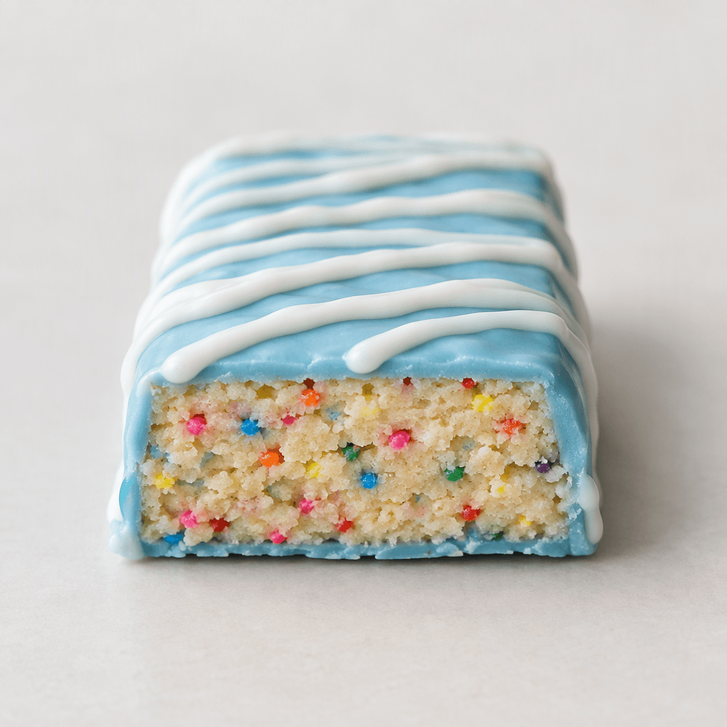 A compact rectangular protein bar with a pale cake-colored center dotted with tiny rainbow sprinkles and a smooth light-blue coating drizzled with white icing.