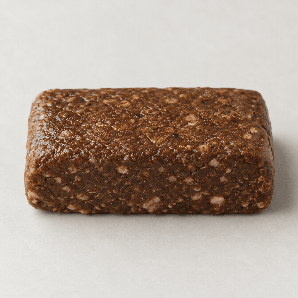 A compact, rectangular brown protein bar with slightly rounded edges and a dense, subtly textured surface, shown on its own.
