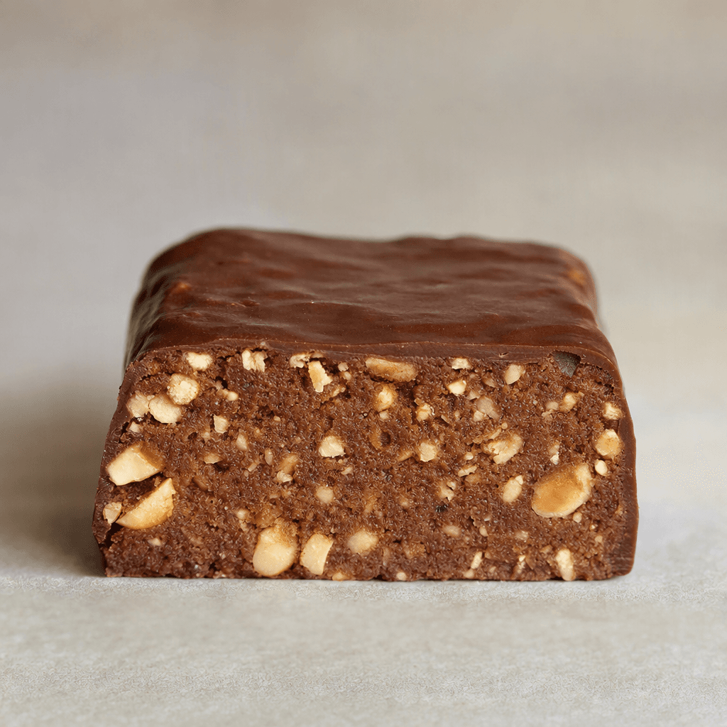 A compact rectangular chocolate-brown bar with a slightly glossy coating, cut to reveal a dense, lighter-brown interior flecked with small hazelnut pieces.