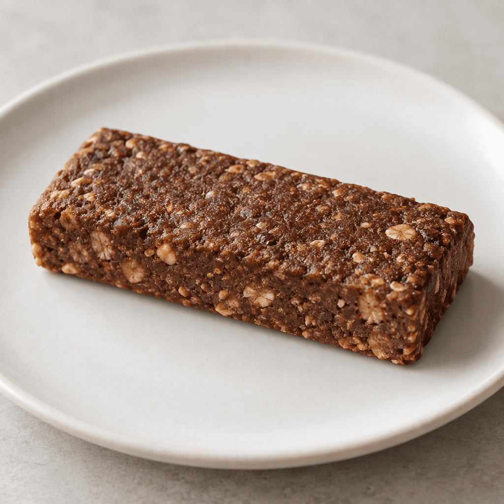 A compact rectangular protein bar with a slightly uneven, matte brown surface and a few lighter flecks, shown whole on a plain plate.
