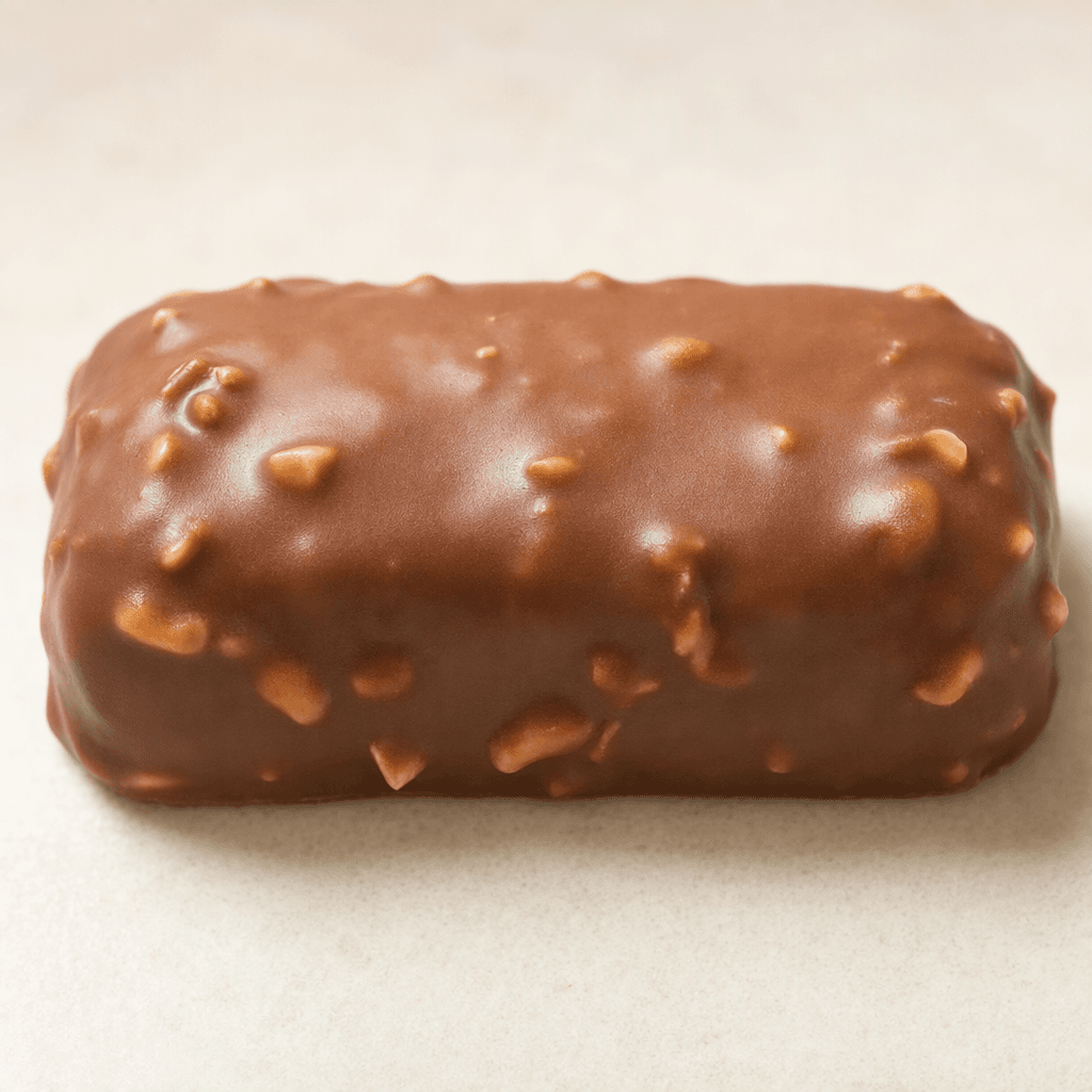 A short, thick rectangular bar with rounded corners, coated in smooth milk chocolate and dotted with small visible peanut pieces.