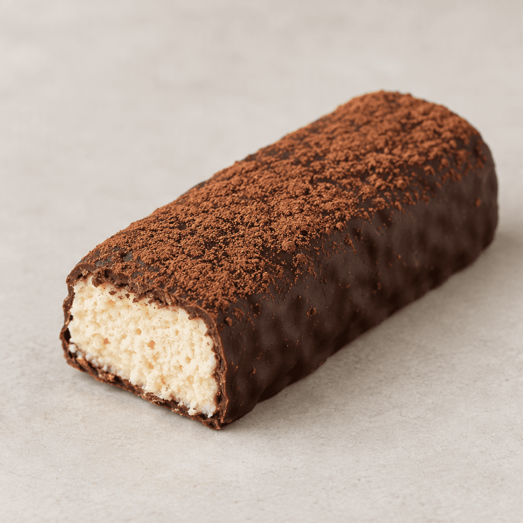 A compact rectangular protein bar with a dark chocolate-brown coating, a pale creamy center visible at one cut end, and a light dusting of cocoa powder on top, resting on a plain surface.